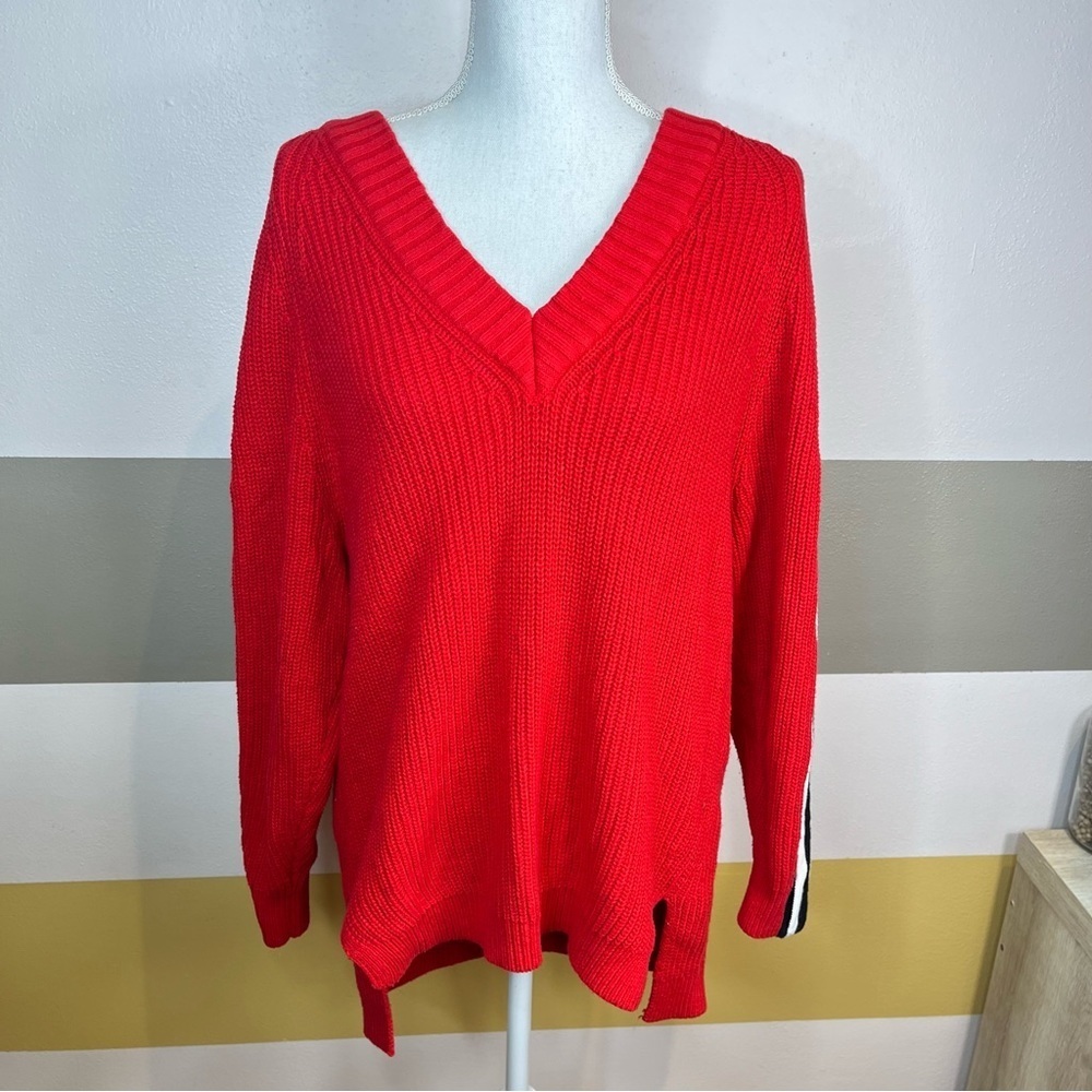 2/$25 Express Bright Red Striped Knit Woven Pullover Bold Chunky Thick Sweater S - Picture 3 of 15
